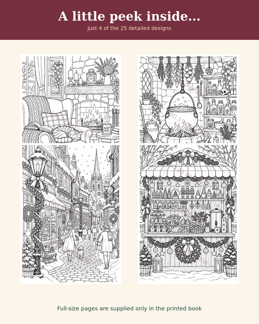 Four watermarked sample pages from the Cosy HallowMissMass colouring book