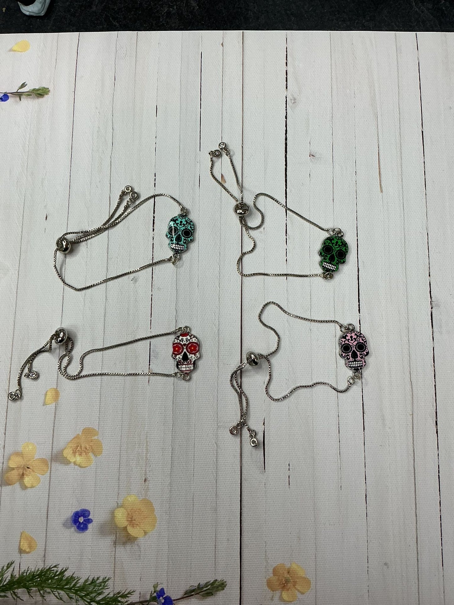 Adjustable Sugar Skull Charm Bracelet | Colourful Day of the Dead Bracelet