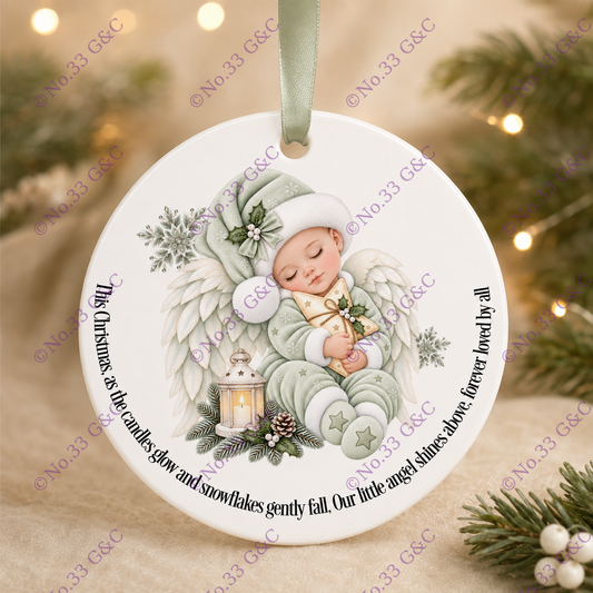 Sage green personalised baby angel Christmas memorial decoration © No.33 G&C