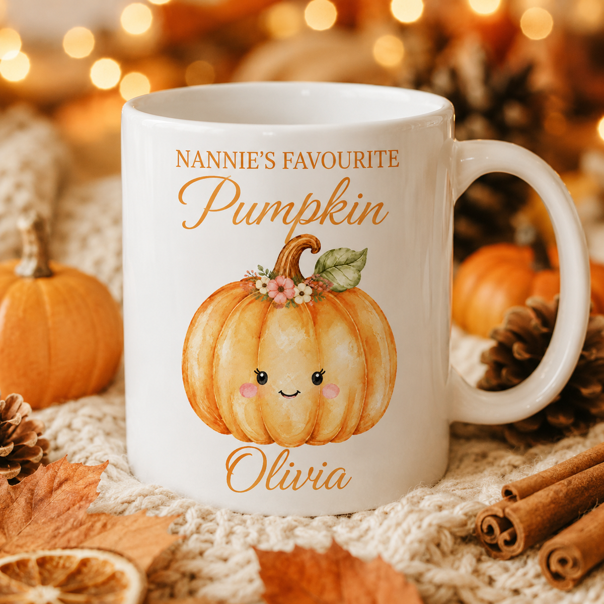 Nannie’s Favourite Pumpkin personalised mug – one girl pumpkin