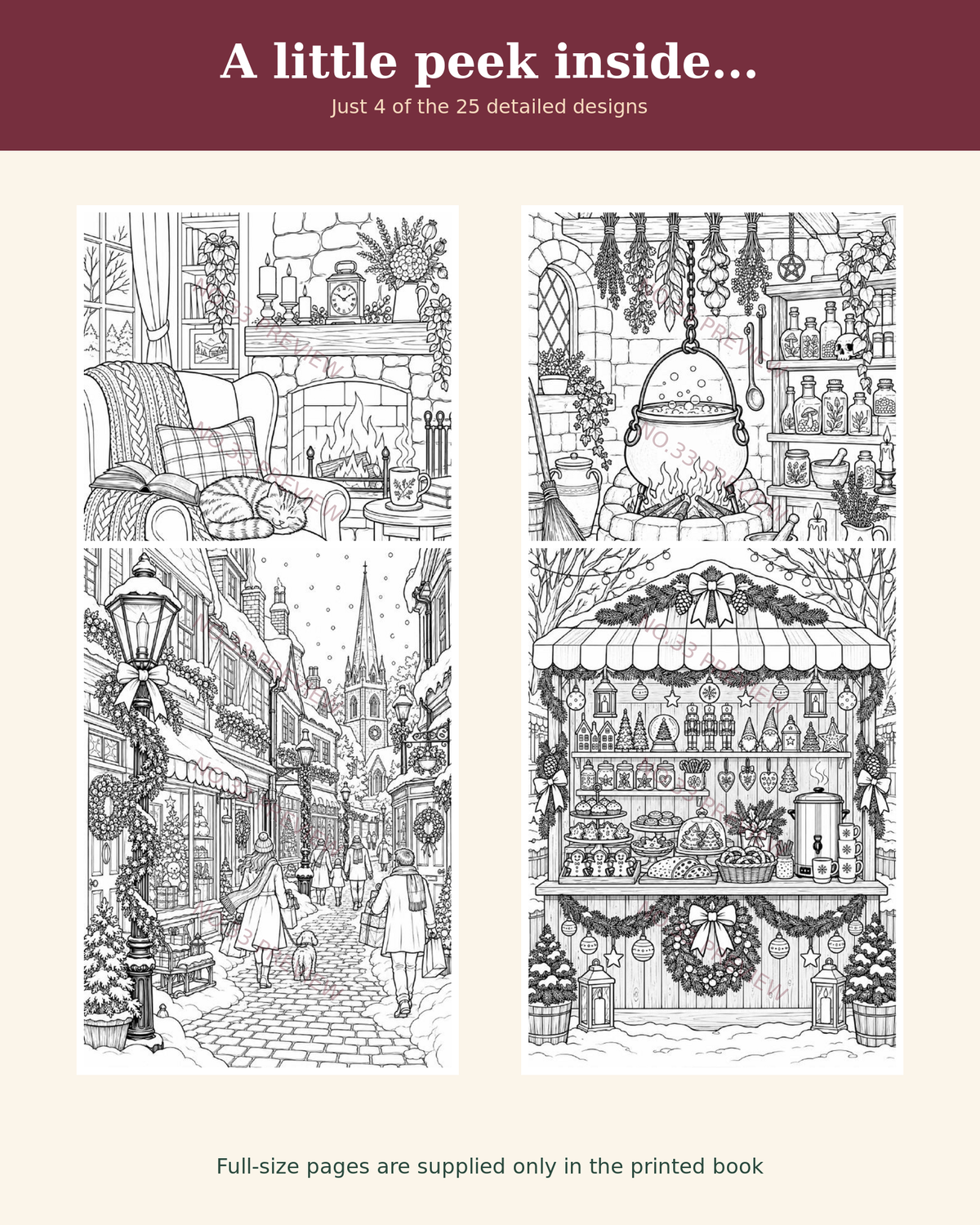 Four watermarked sample pages from the Cosy HallowMissMass colouring book