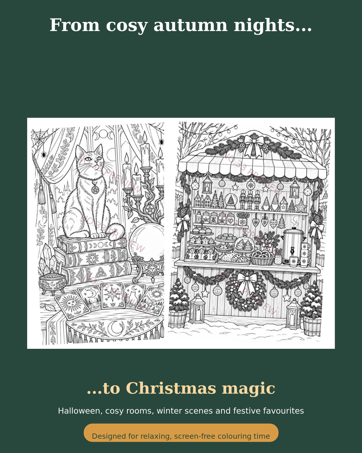 Watermarked autumn and Christmas colouring page examples