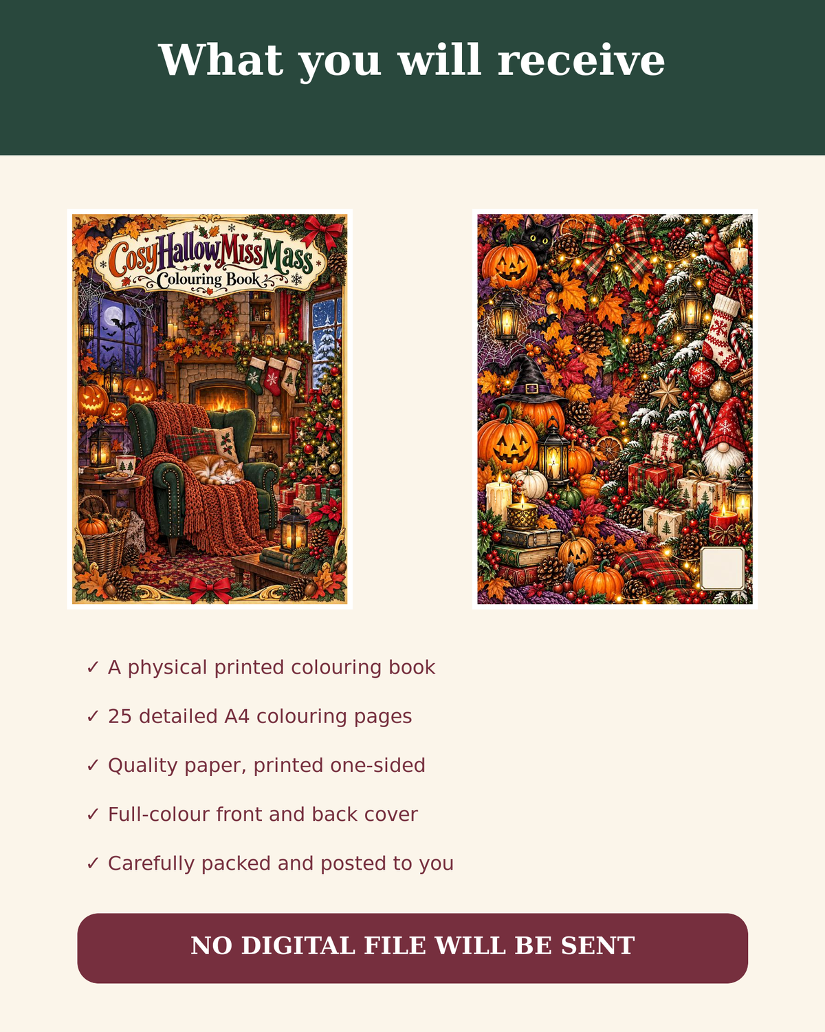 Cosy HallowMissMass physical colouring book contents and buying information