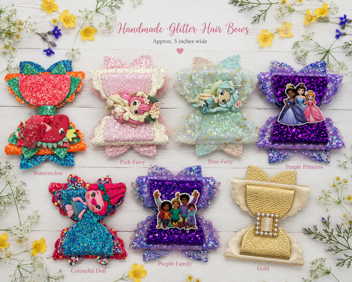 Girls Handmade Glitter Hair Bows – Character & Princess Designs