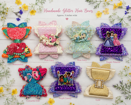 Girls Handmade Glitter Hair Bows – Character & Princess Designs
