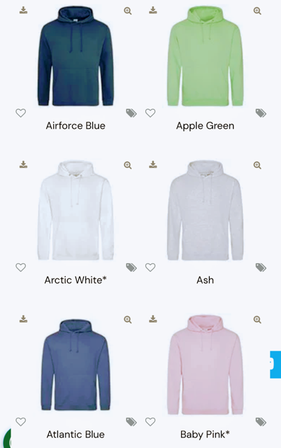 Colour charts for Hoody’s and T-shirts