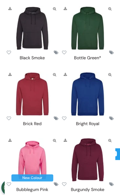 Colour charts for Hoody’s and T-shirts
