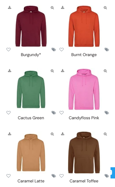 Colour charts for Hoody’s and T-shirts