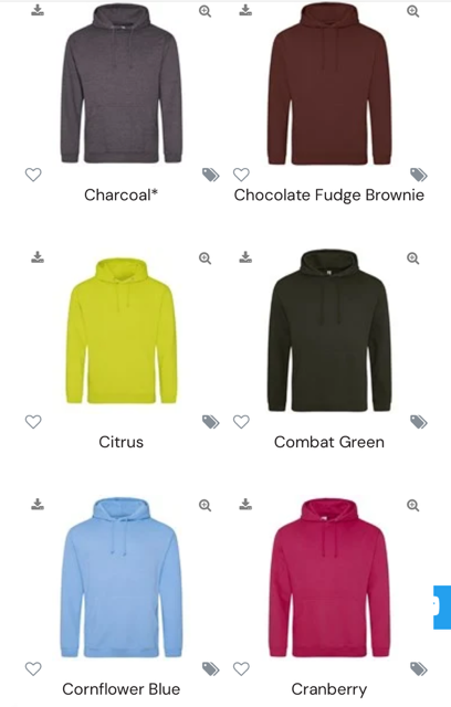 Colour charts for Hoody’s and T-shirts