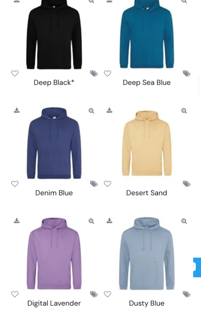Colour charts for Hoody’s and T-shirts