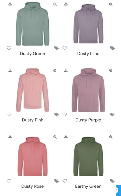 Colour charts for Hoody’s and T-shirts