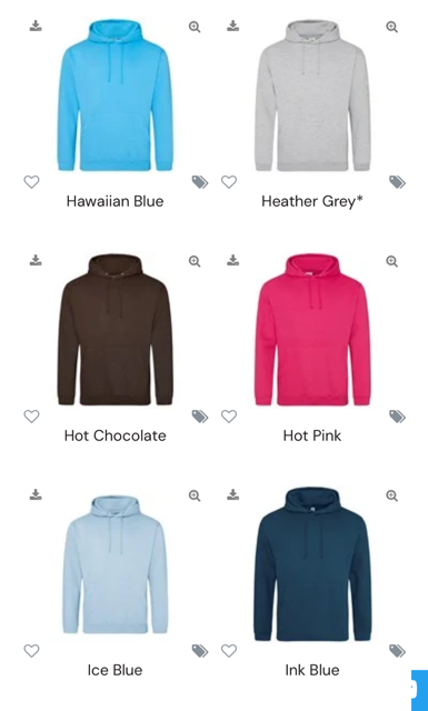 Colour charts for Hoody’s and T-shirts