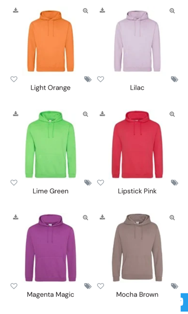 Colour charts for Hoody’s and T-shirts