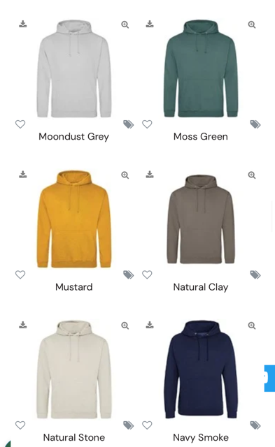 Colour charts for Hoody’s and T-shirts
