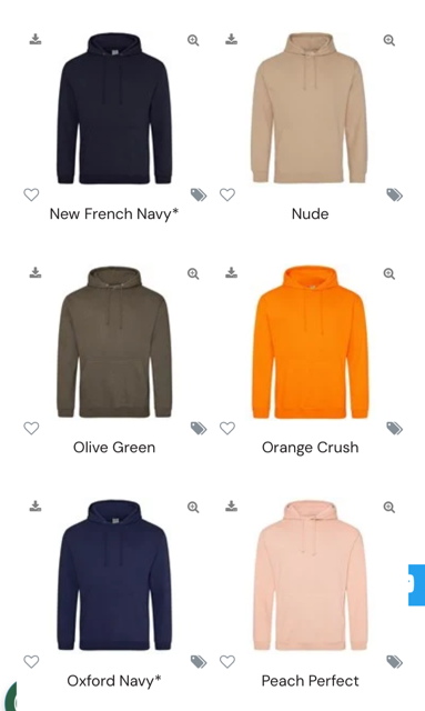 Colour charts for Hoody’s and T-shirts