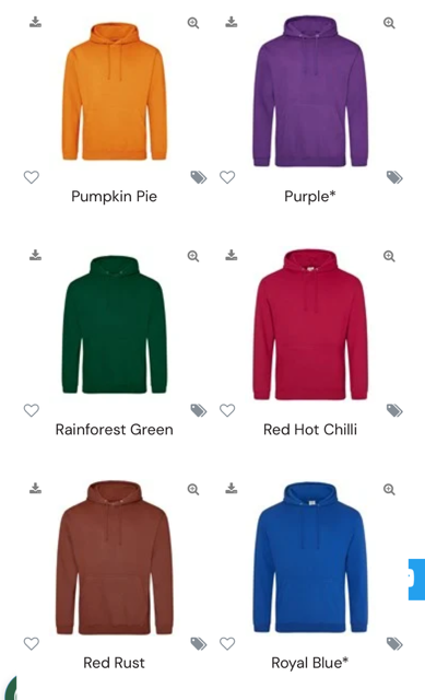 Colour charts for Hoody’s and T-shirts