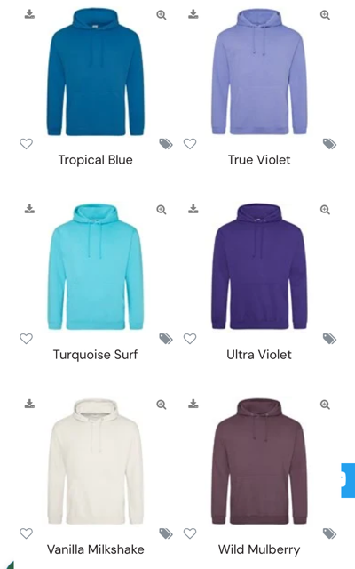 Colour charts for Hoody’s and T-shirts