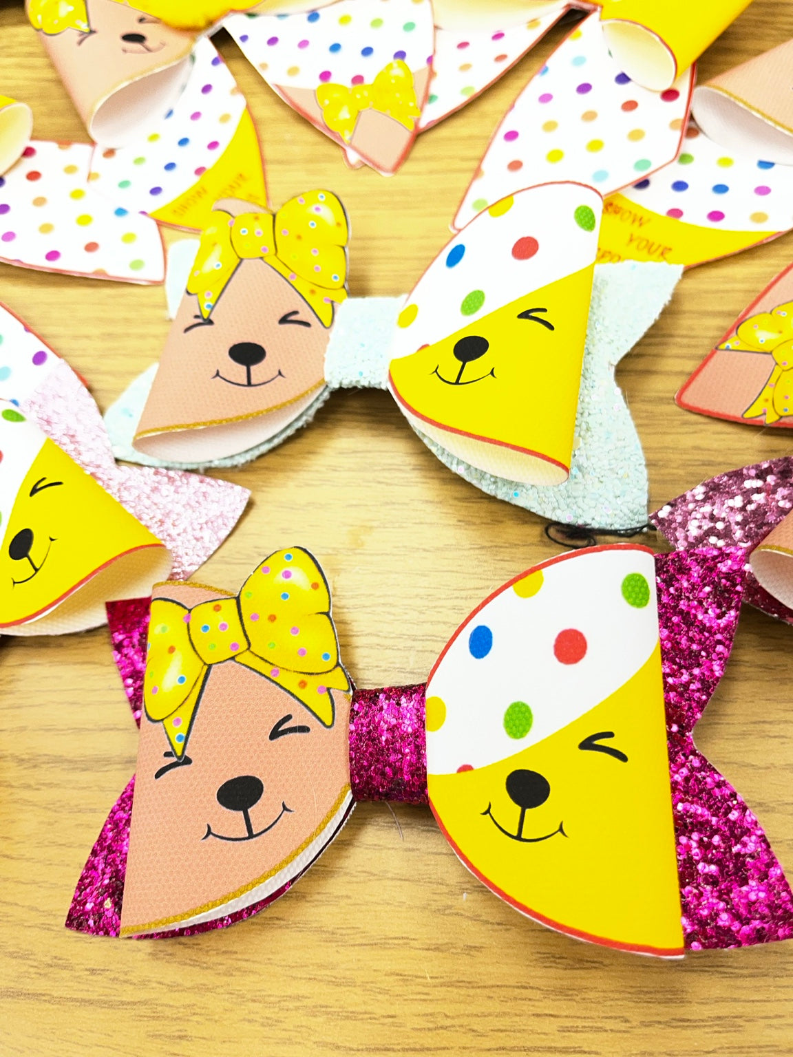 Pudsey and Blush Children in Need glitter hair bow close-up