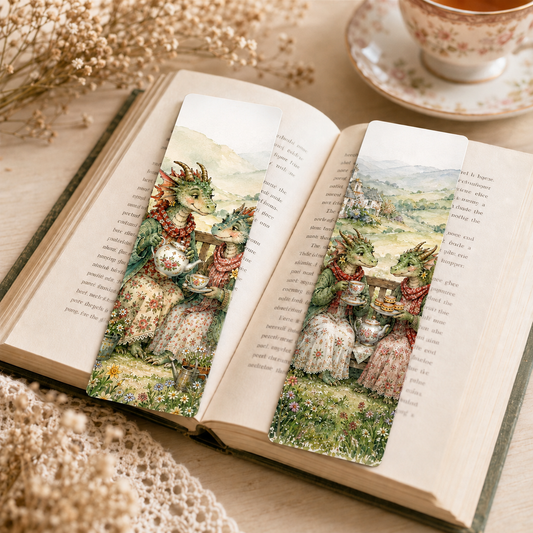 Two Dragon Sisters bookmarks in richer sage green and coral colours