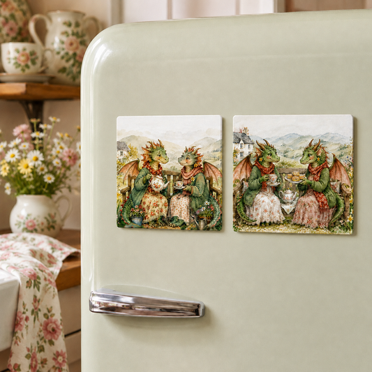 Two Dragon Sisters fridge magnets in richer sage green and coral colours