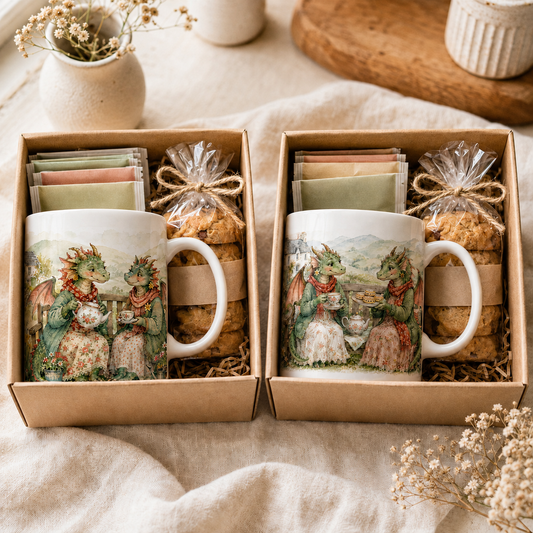 Two Dragon Sisters tea and biscuit gift boxes in richer sage green and coral colours