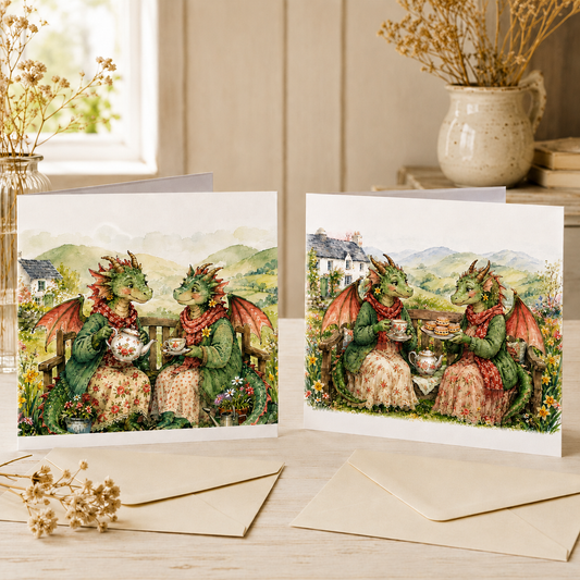 Two Dragon Sisters greeting cards in richer sage green and coral colours