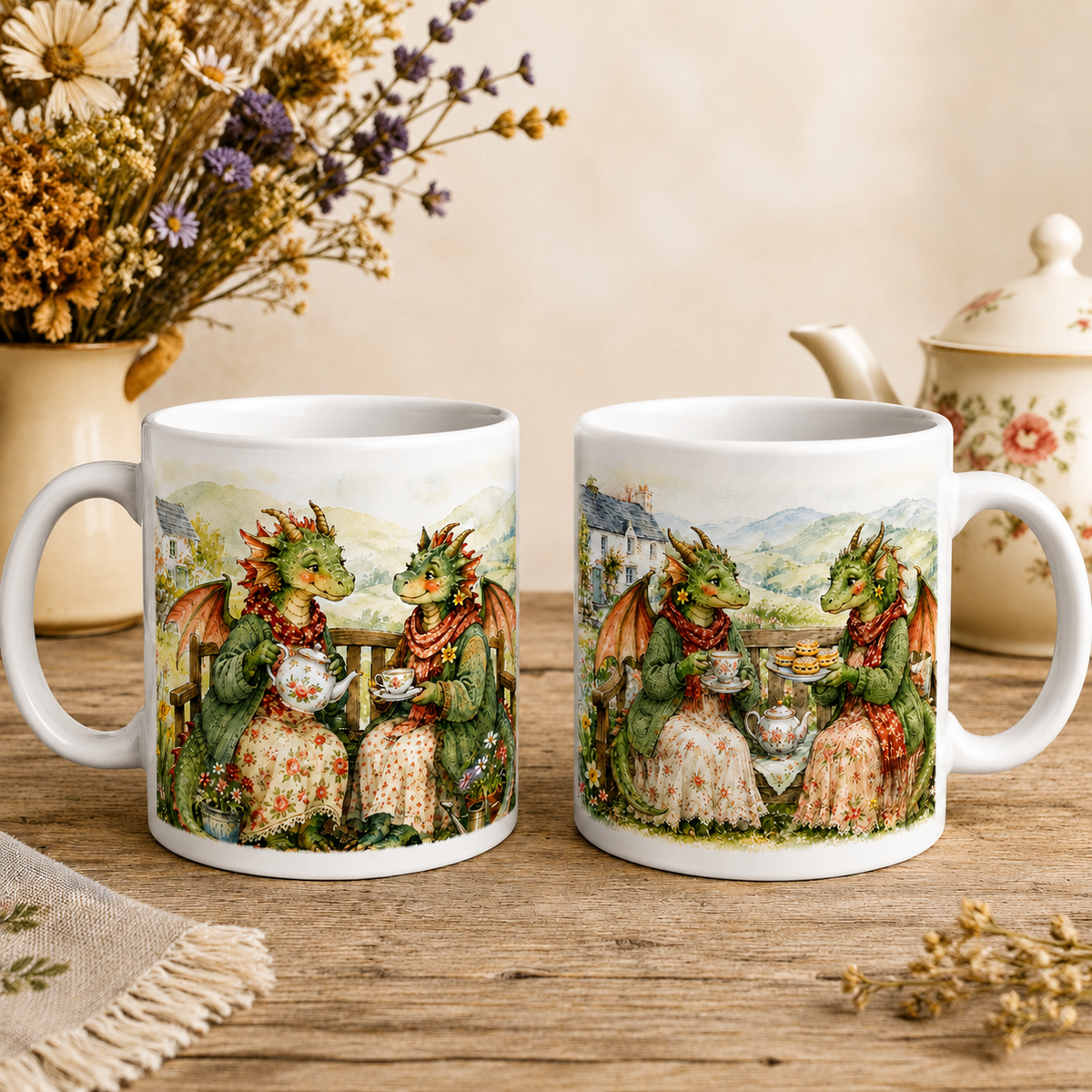 Two Dragon Sisters ceramic mugs in richer sage green and coral colours