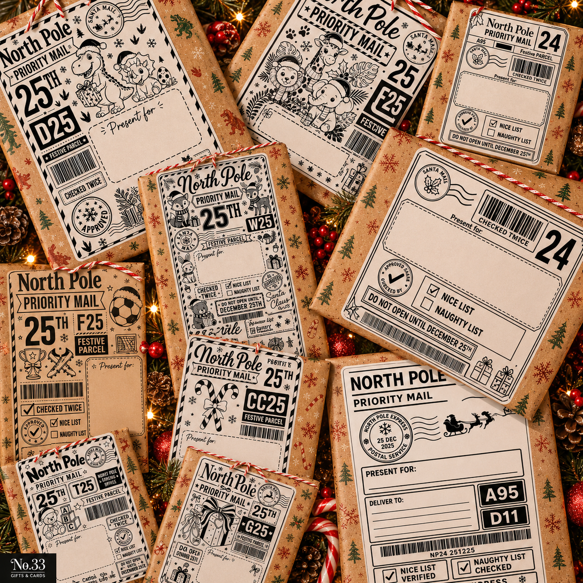 Selection of No.33 North Pole personalised Christmas parcel label designs