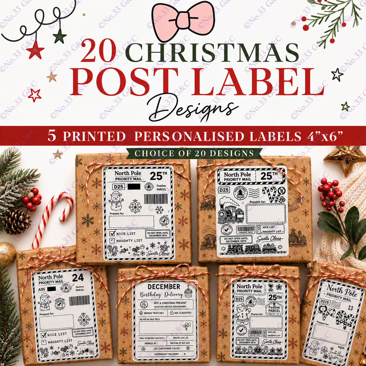No.33 Christmas post labels - 5 personalised 4 x 6 labels, choice of 20 designs