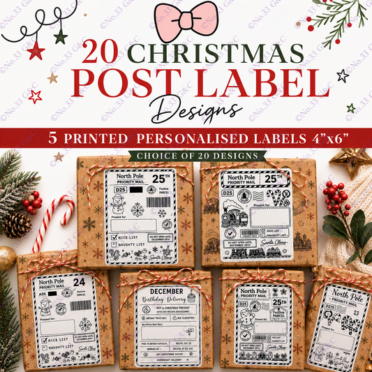 No.33 Christmas post labels - 5 personalised 4 x 6 labels, choice of 20 designs