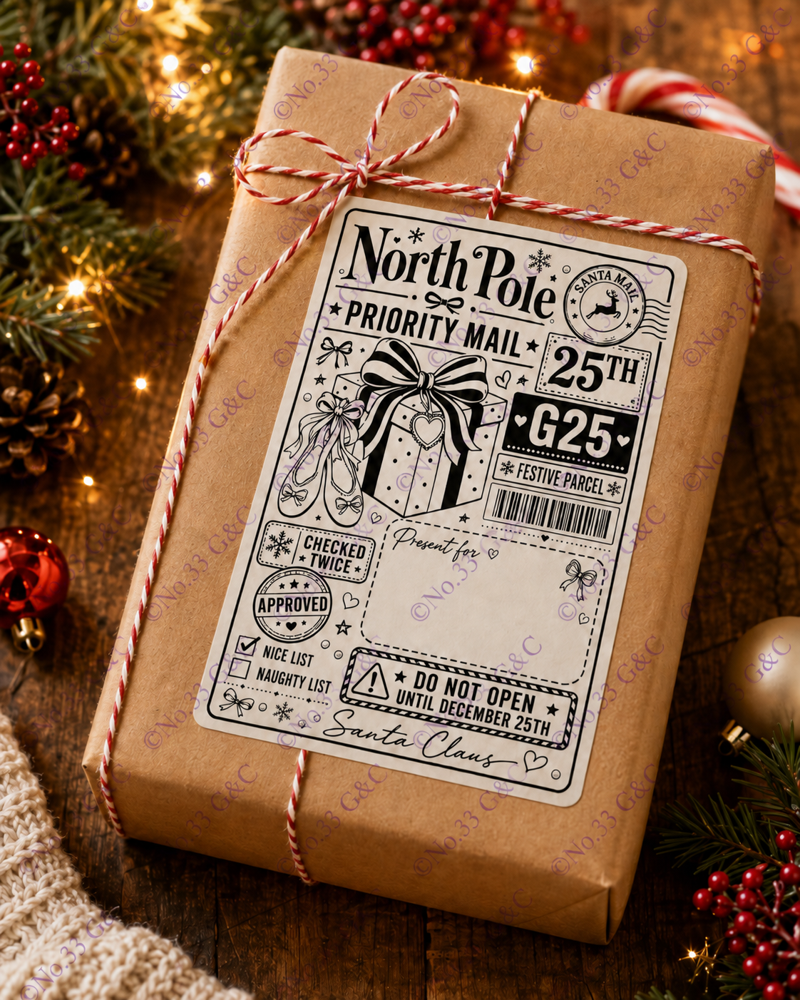 Personalised North Pole Christmas parcel label on a wrapped gift