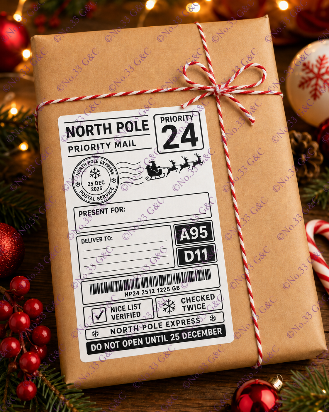 North Pole Express personalised Christmas sticker label on a parcel