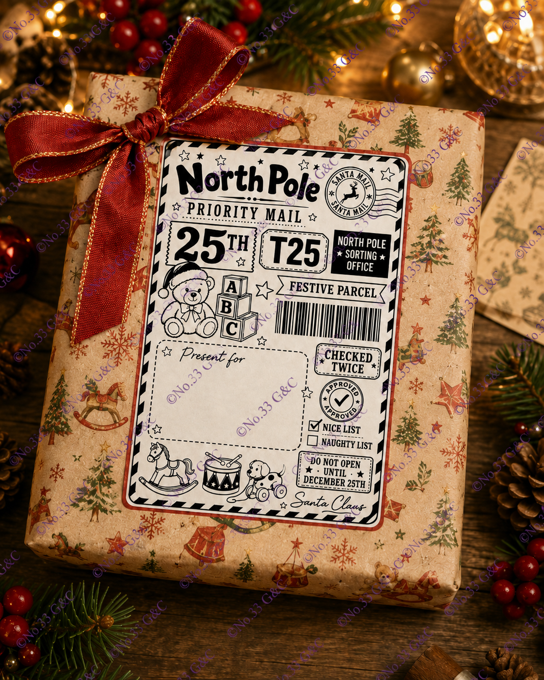 Christmas parcel with personalised North Pole label and No.33 watermark