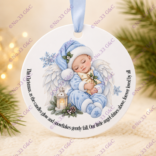 Powder blue personalised baby angel Christmas memorial decoration © No.33 G&C