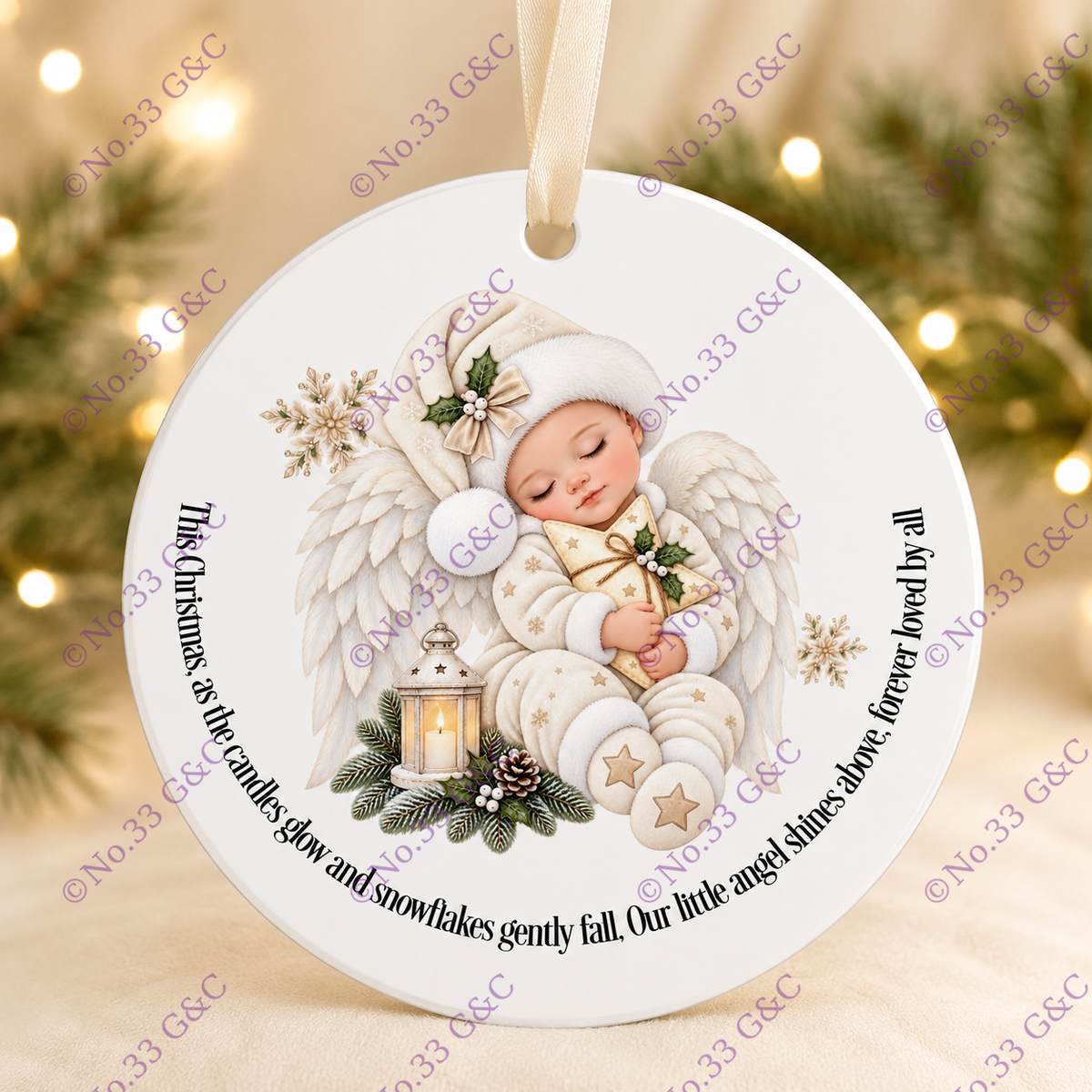 Champagne cream personalised baby angel Christmas memorial decoration © No.33 G&C