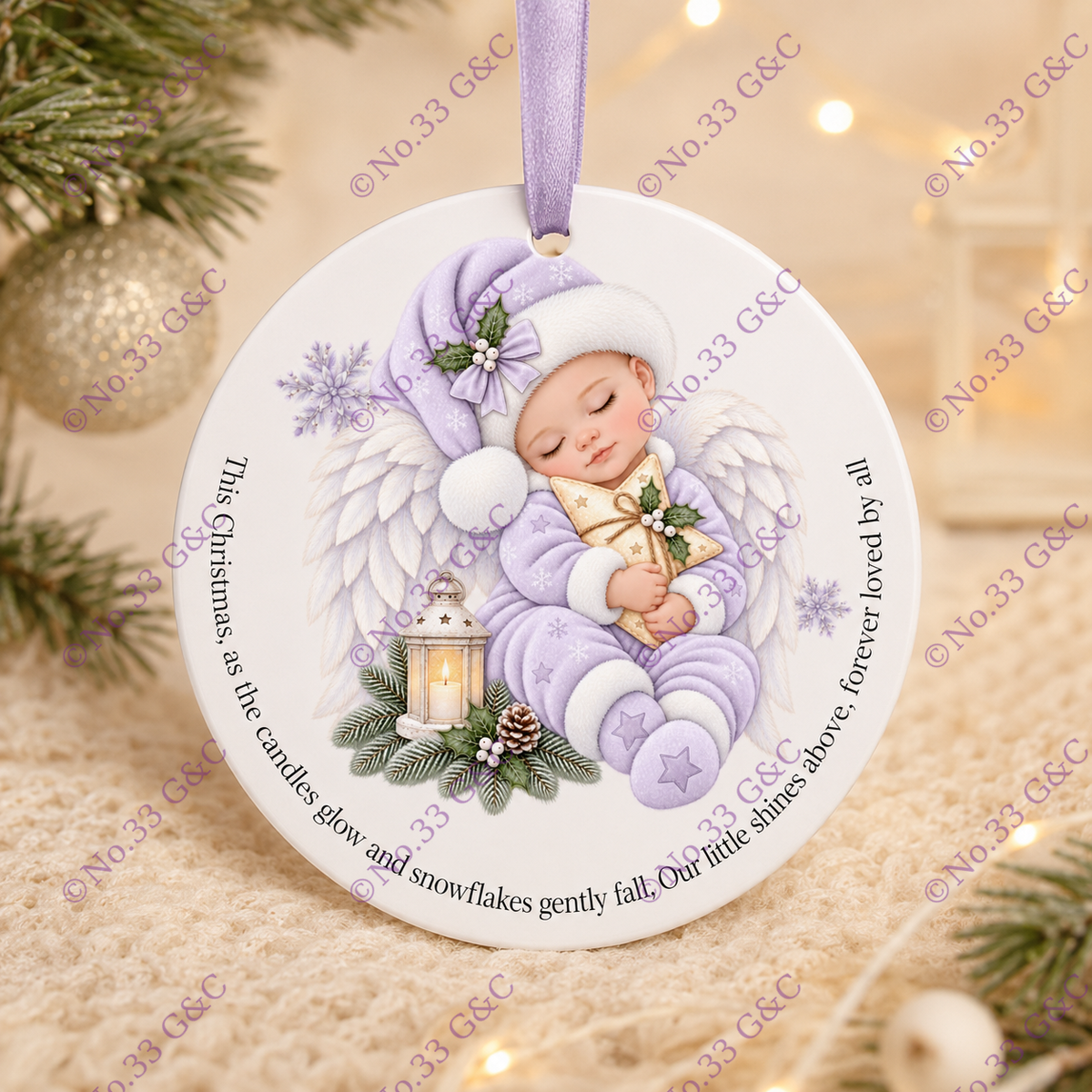 Lilac personalised baby angel Christmas memorial decoration © No.33 G&C