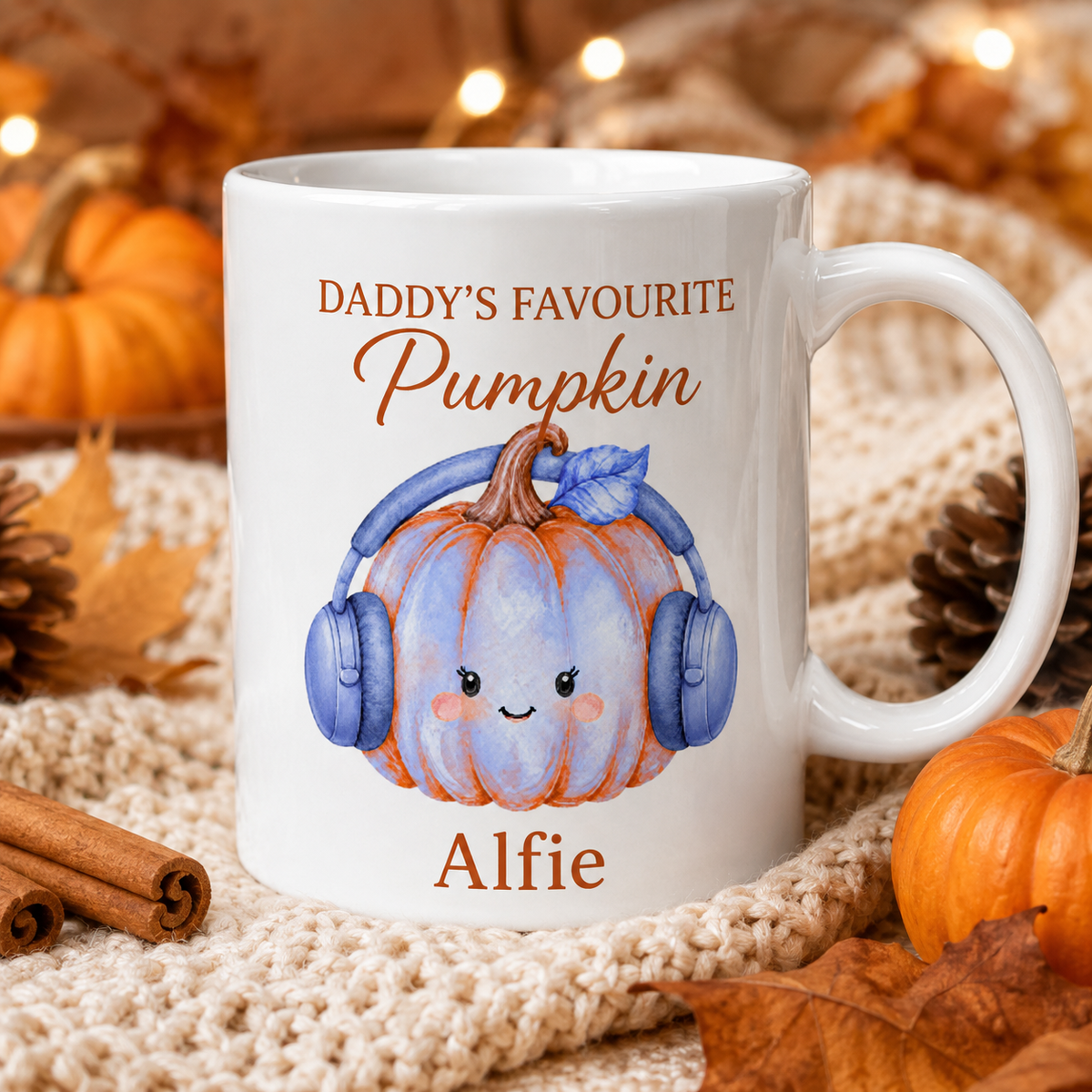 Daddy’s Favourite Pumpkin personalised mug – blue headphones