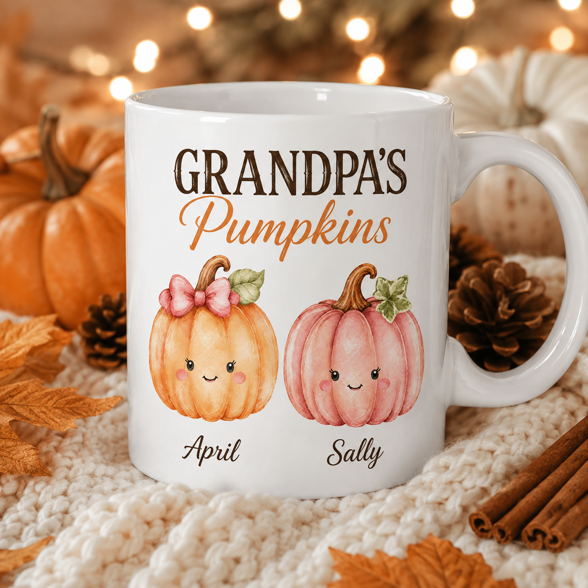 Grandpa’s Pumpkins personalised mug – two girl pumpkins