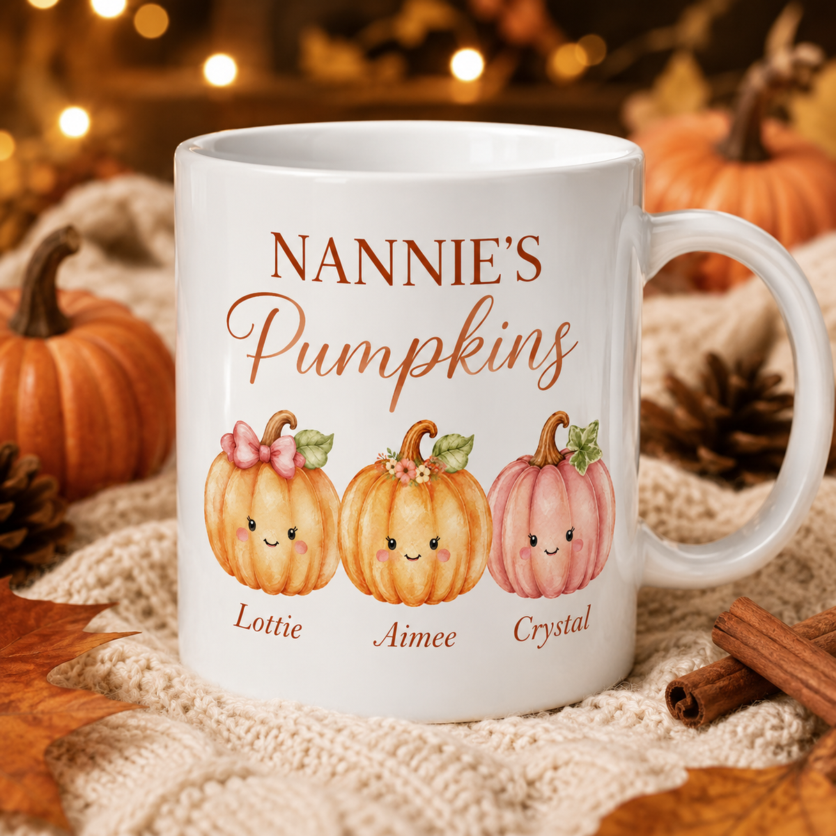 Nannie’s Pumpkins personalised mug – three girl pumpkins