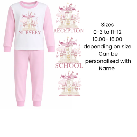 Personalised first day at school pink castle pyjamas made by No.33 Gifts and Crafts